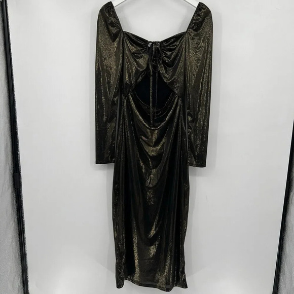 NSR Long Sleeve Metallic Midi Dress in Black Gold Bronze Cut Out Size Medium - Picture 2 of 10